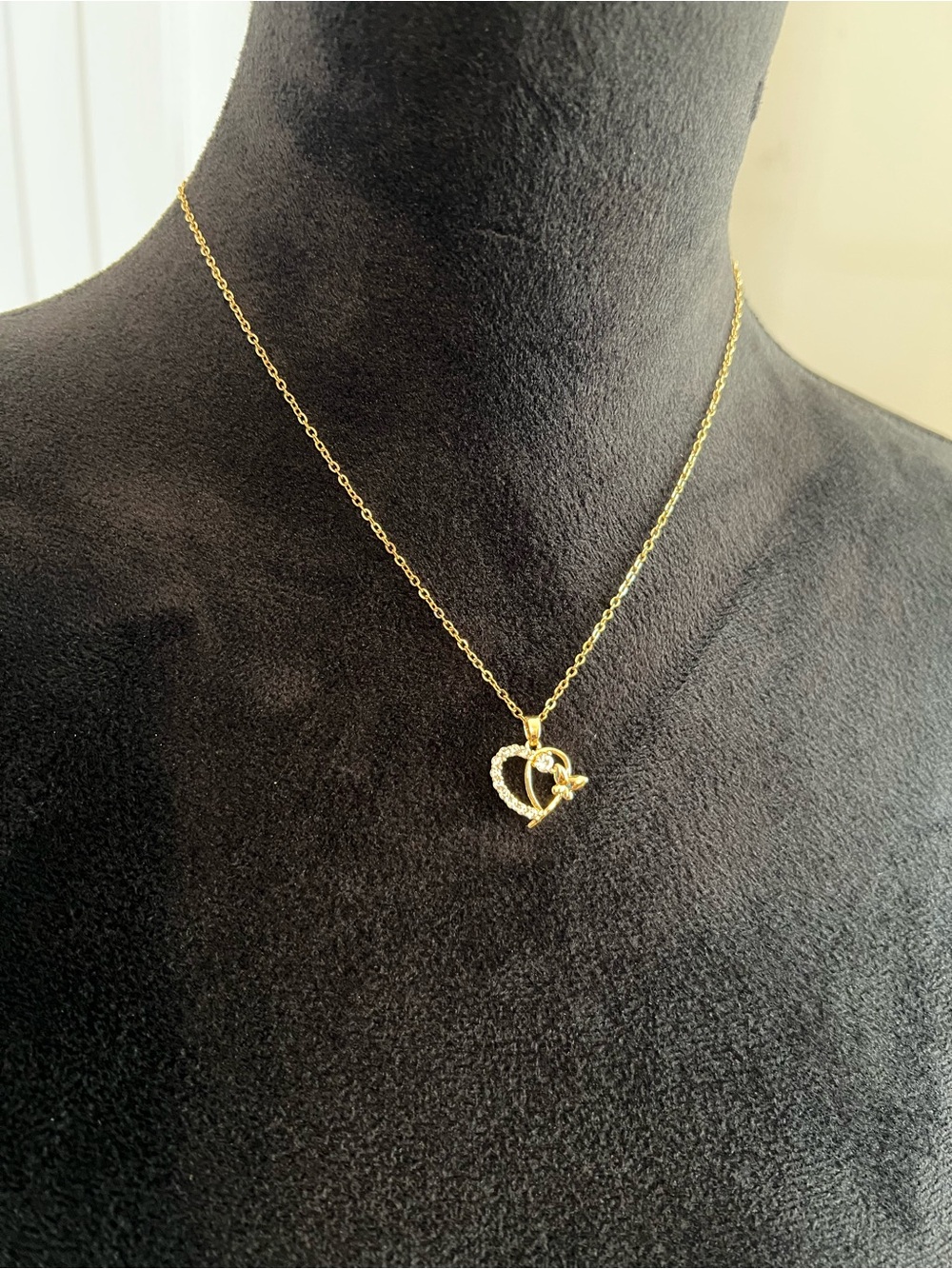 Gold toned Stainless Steel Necklace Heart CZ Pendant